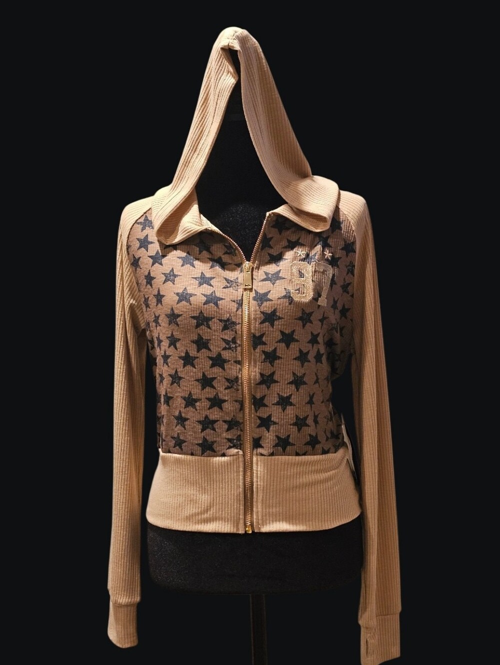 Women's Beige Star-Print Zip Hoodie Jacket